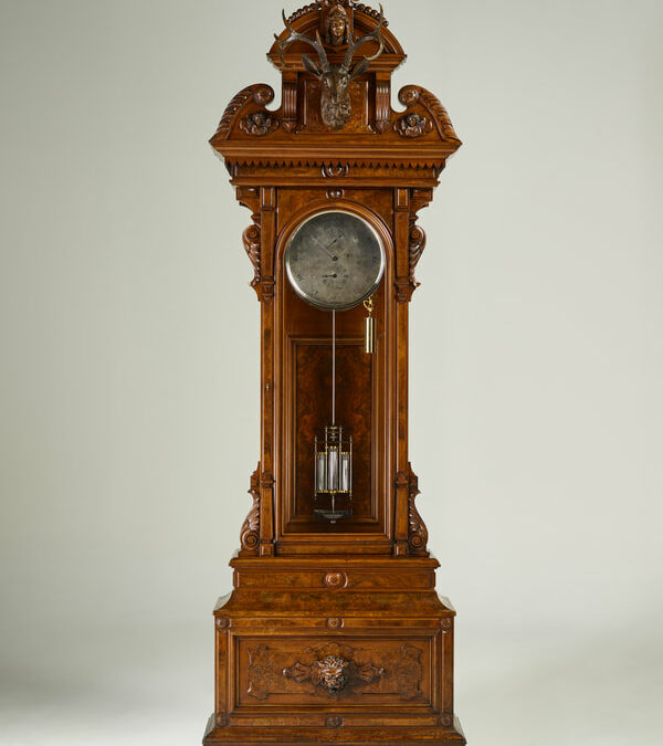 CARVED WALNUT TALL CASE ASTRONOMICAL REGULATOR CLOCK MADE FOR J.S. TOWNSEND OF CHICAGO, “THE RAILROADER’S JEWELER”
