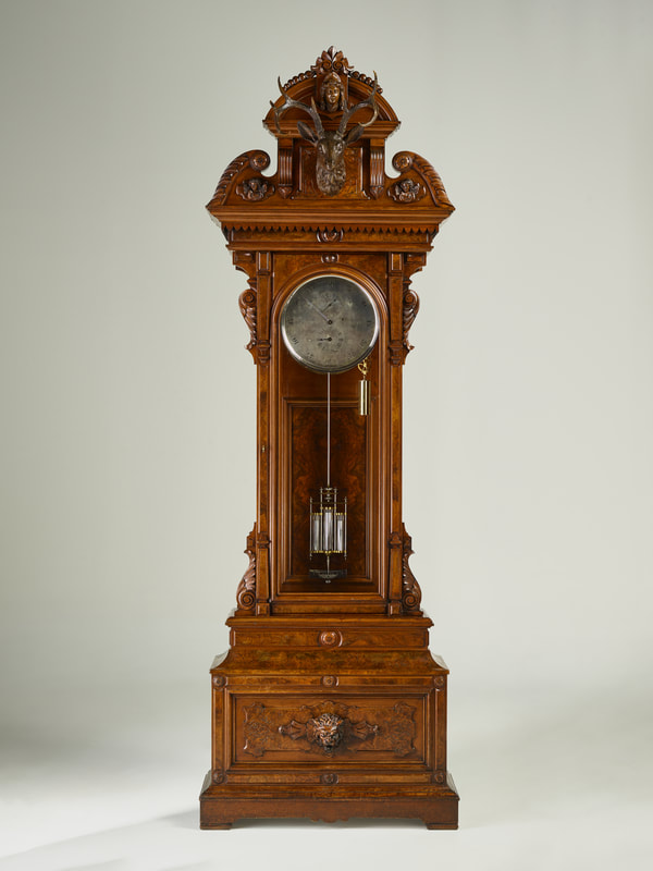 CARVED WALNUT TALL CASE ASTRONOMICAL REGULATOR CLOCK MADE FOR J.S. TOWNSEND OF CHICAGO, “THE RAILROADER’S JEWELER”